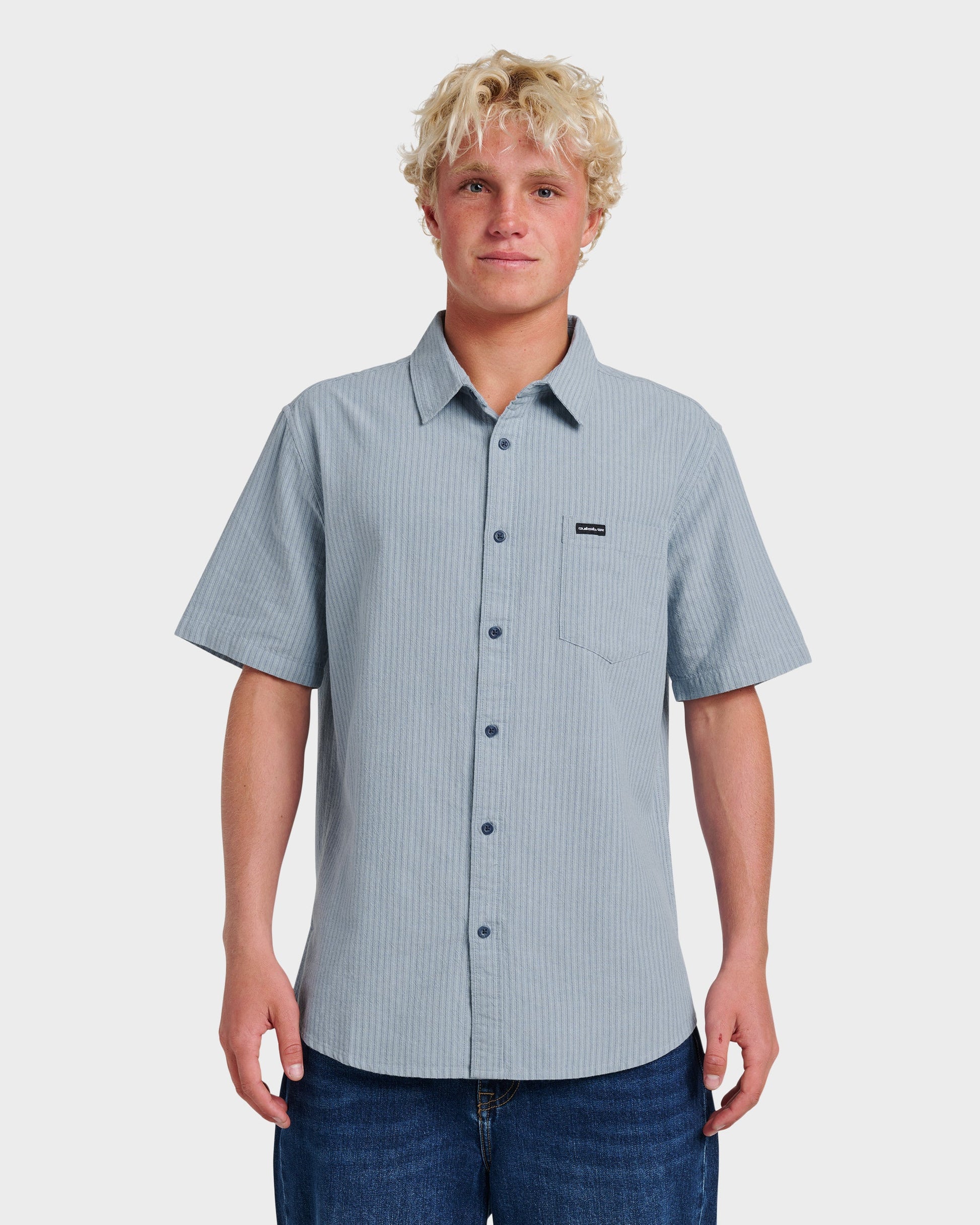 Quick Silver Oxford Stripe Classic Short Sleeve Shirt - Ashley Blue