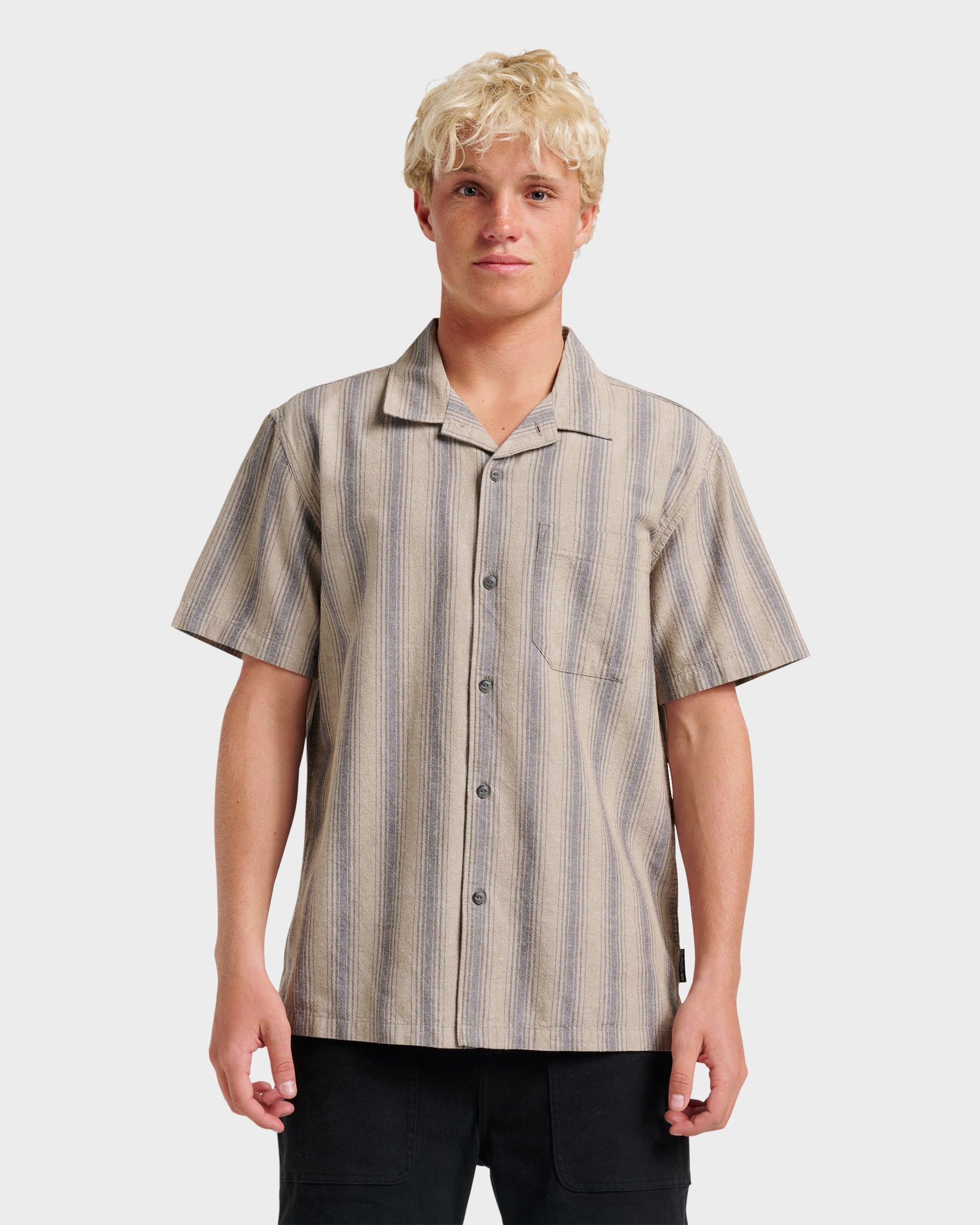 Quick Silver Oxford Stripe Casual Short Sleeve Shirt - Fallen Rock